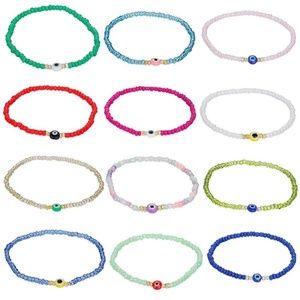 FREE GIFT w Purchase! Set of 12 Evil Eye Beaded Bracelets Various Colors - NEW!